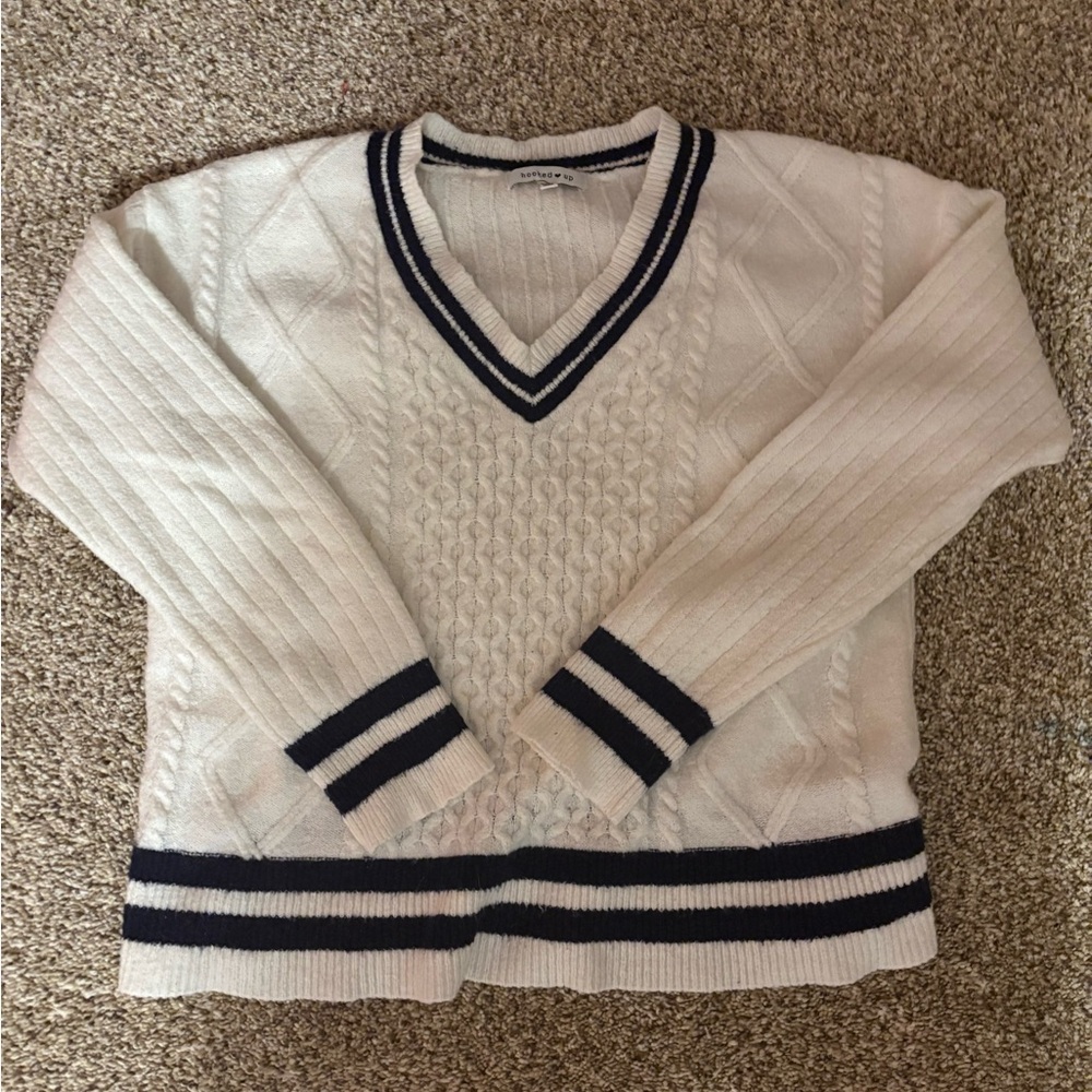 Hooked Up by IOT Cream V-Neck Sweater with Black Accents